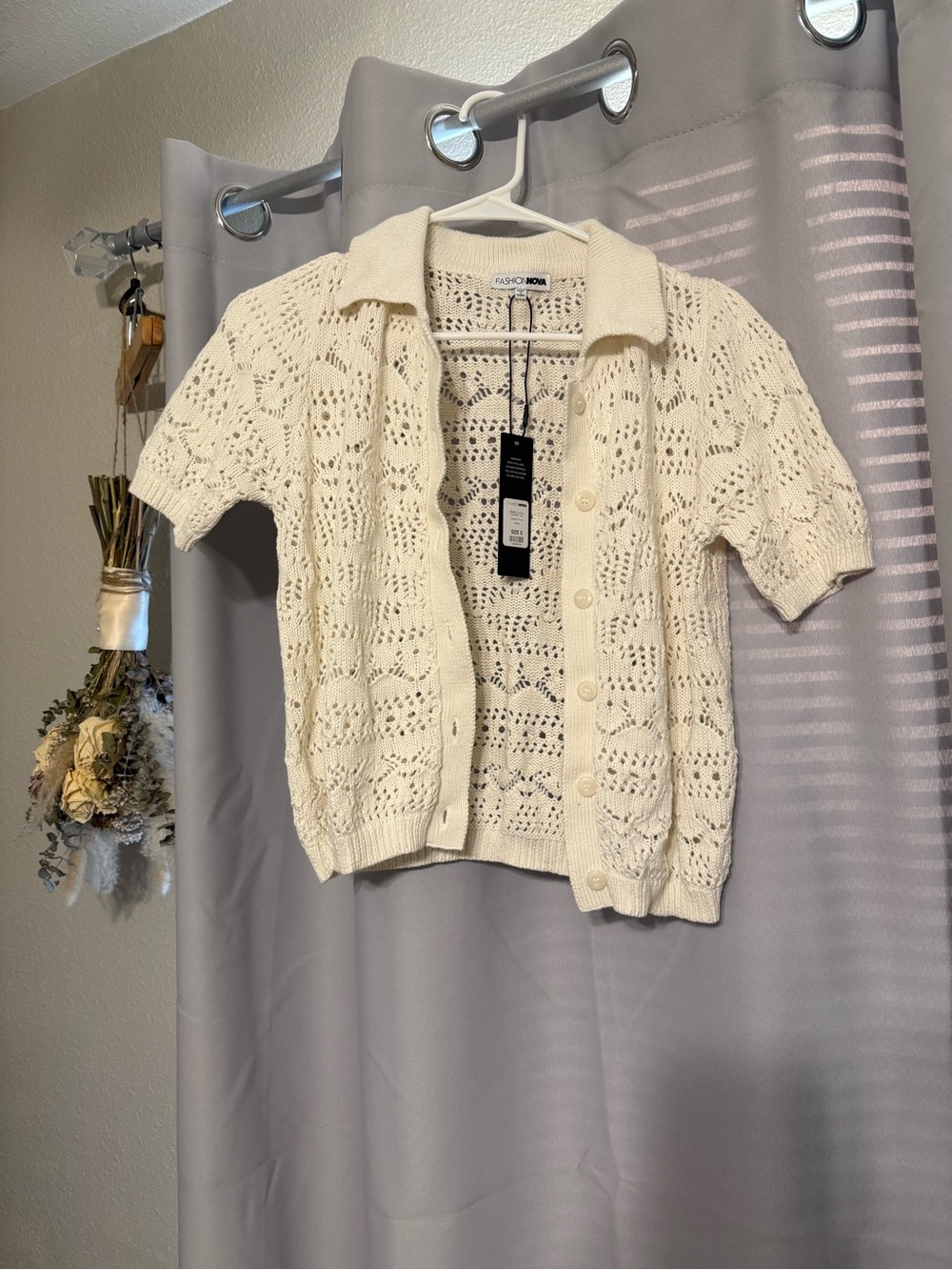 Fashion Nova Cream Open-Knit Short Sleeve Cardigan- NWT